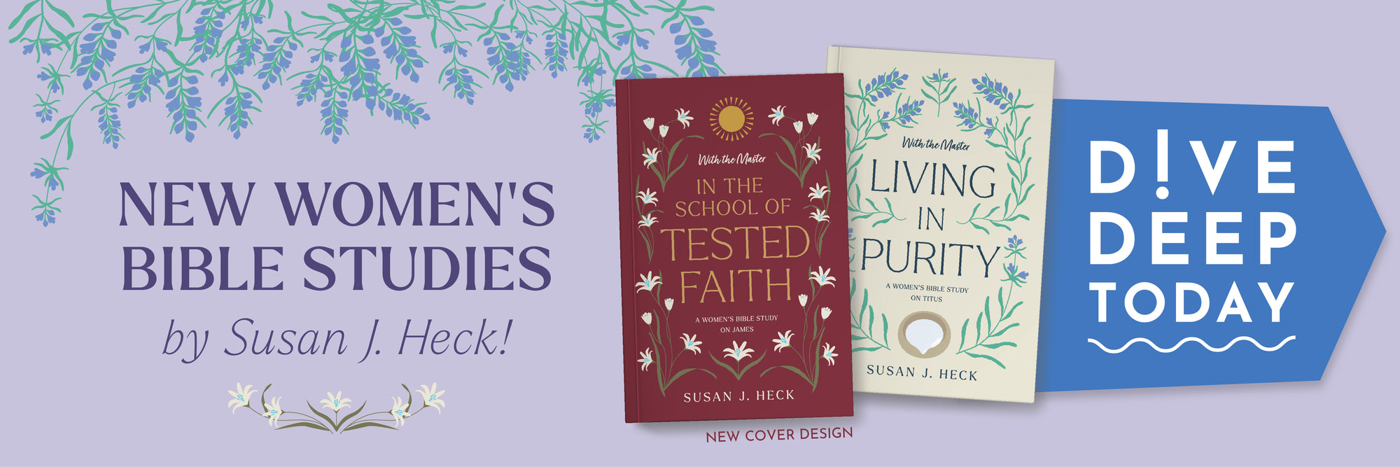 Promotional banner for women's Bible studies by Susan J. Heck with book covers and call to action text.