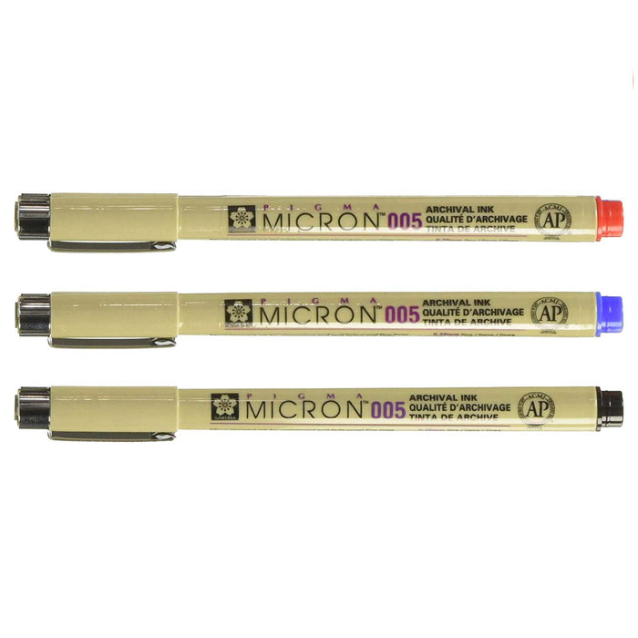 005 (.20mm) Pigma Micron Pen 3 Pack - Black, Red, Blue